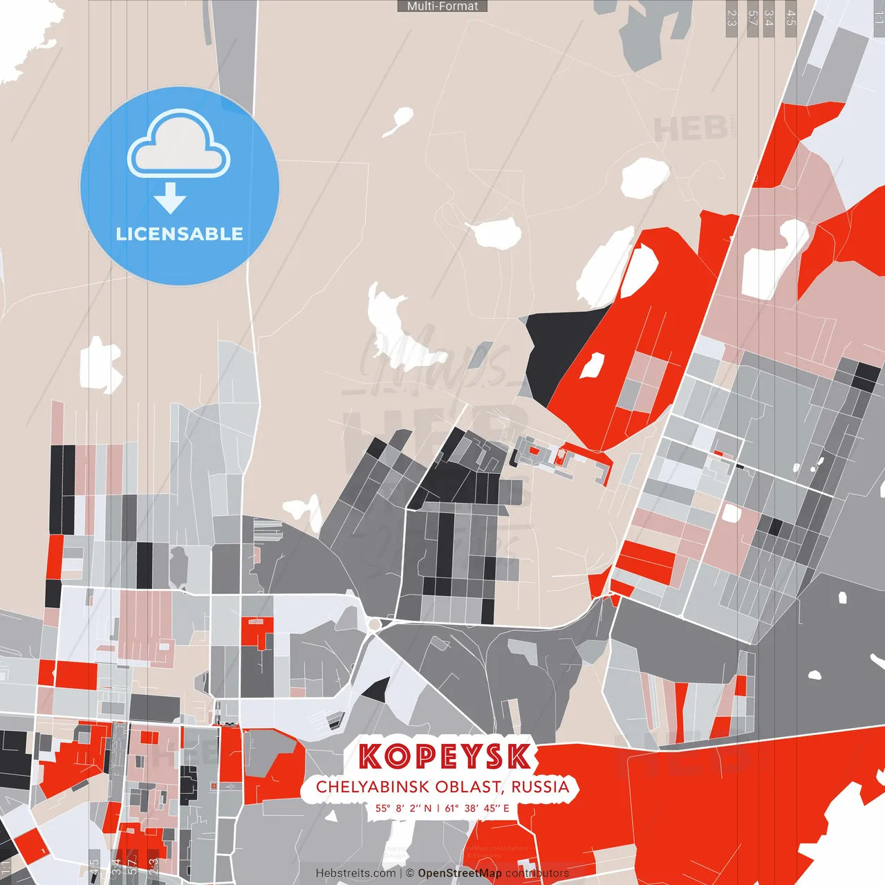 Kopeysk, Chelyabinsk Oblast, Russia - modern street map poster template with gray and red tones