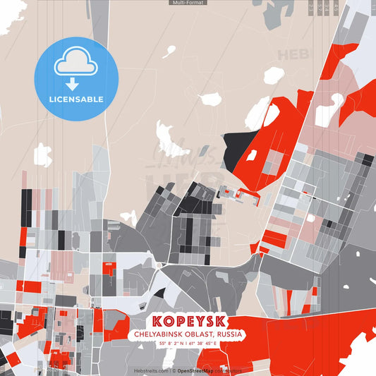 Kopeysk, Chelyabinsk Oblast, Russia - modern street map poster template with gray and red tones