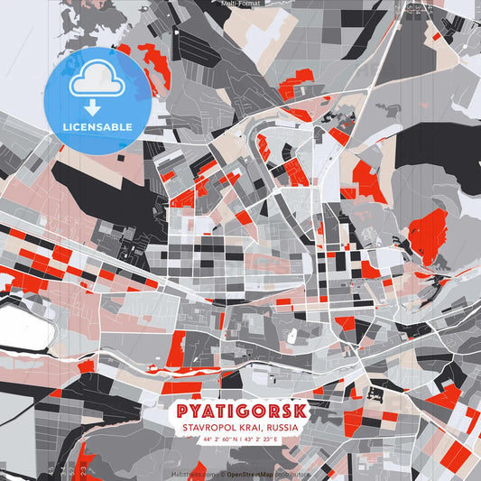 Pyatigorsk, Stavropol Krai, Russia - modern street map poster template with gray and red tones