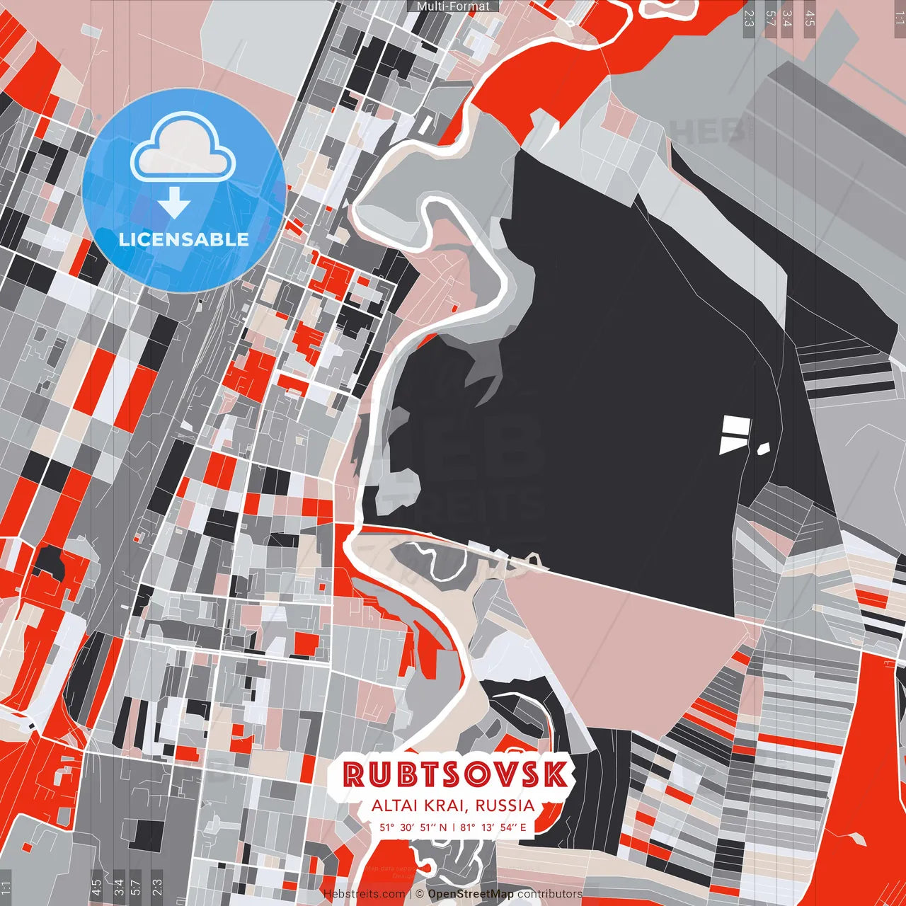 Rubtsovsk, Altai Krai, Russia - modern street map poster template with gray and red tones