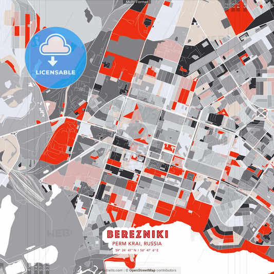 Berezniki, Perm Krai, Russia - modern street map poster template with gray and red tones