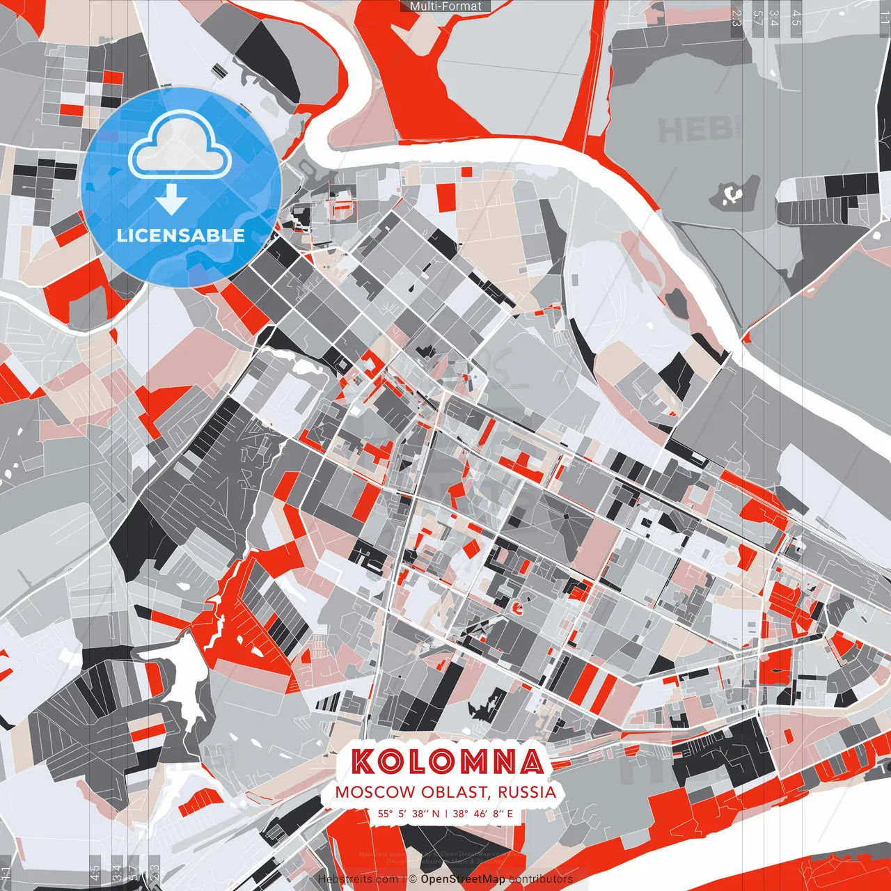 Kolomna, Moscow Oblast, Russia - modern street map poster template with gray and red tones