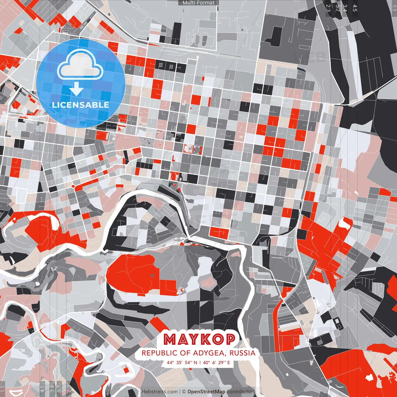 Maykop, Republic of Adygea, Russia - modern street map poster template with gray and red tones