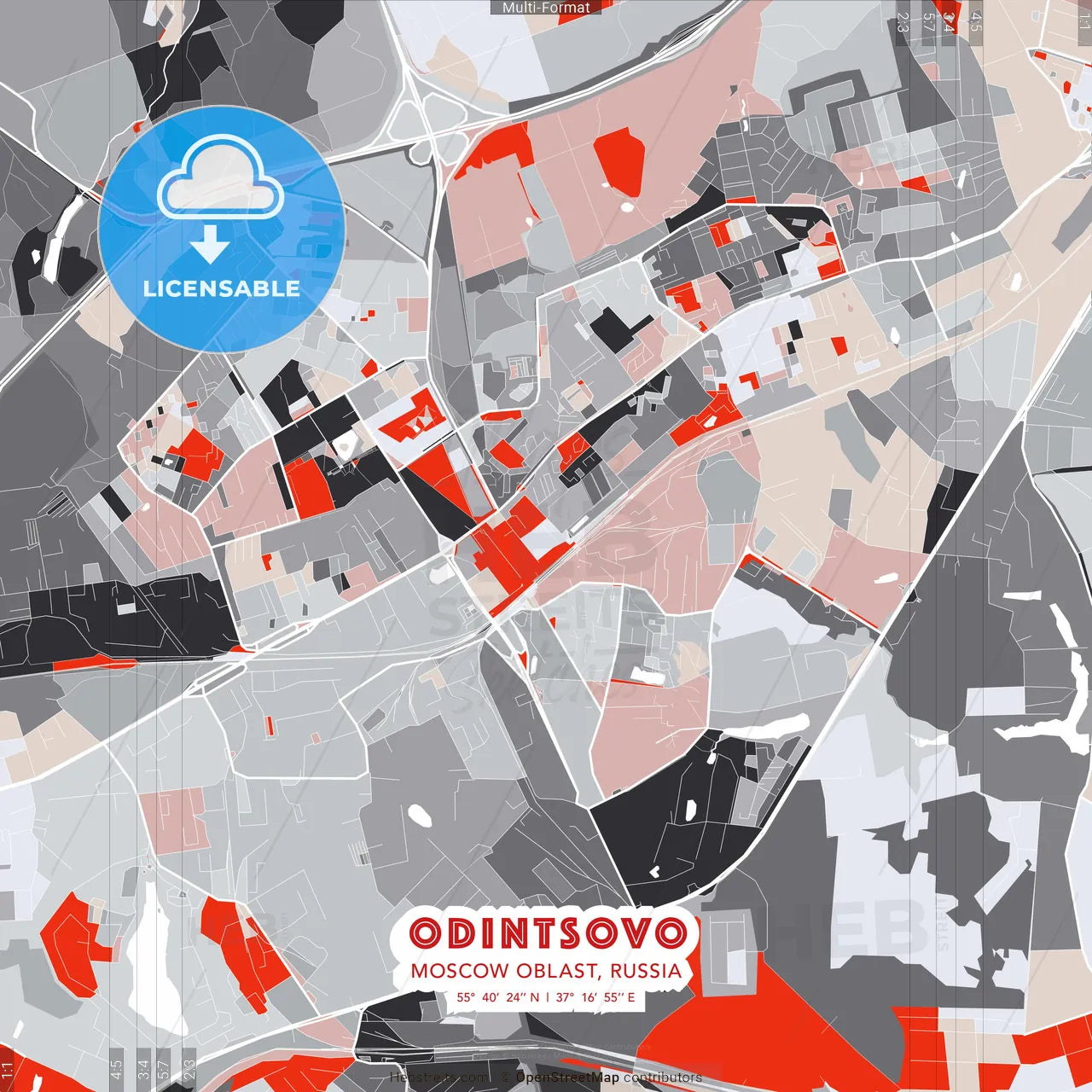 Odintsovo, Moscow Oblast, Russia - modern street map poster template with gray and red tones