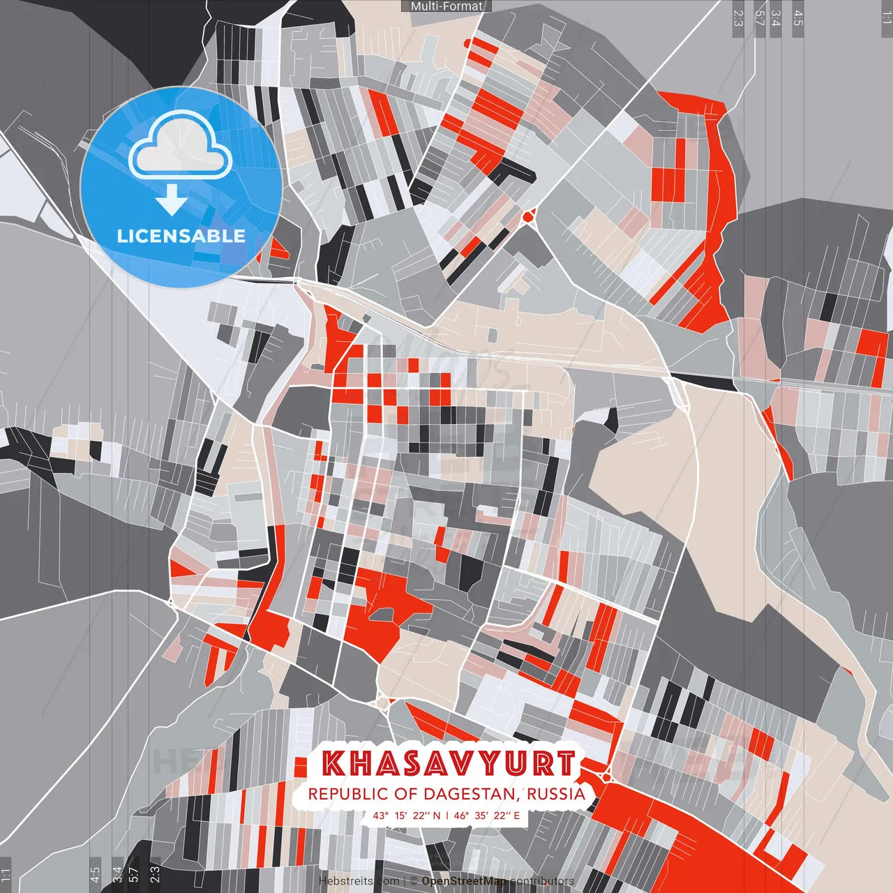 Khasavyurt, Republic of Dagestan, Russia - modern street map poster template with gray and red tones