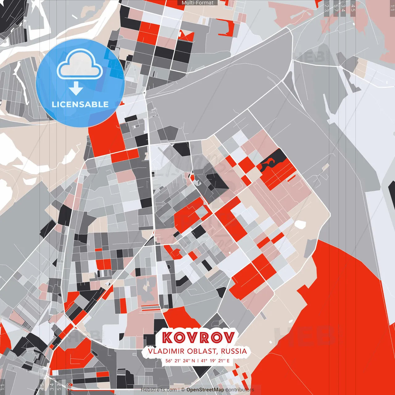 Kovrov, Vladimir Oblast, Russia - modern street map poster template with gray and red tones