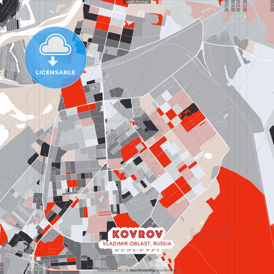 Kovrov, Vladimir Oblast, Russia - modern street map poster template with gray and red tones