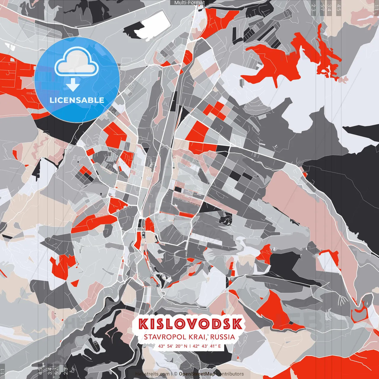 Kislovodsk, Stavropol Krai, Russia - modern street map poster template with gray and red tones