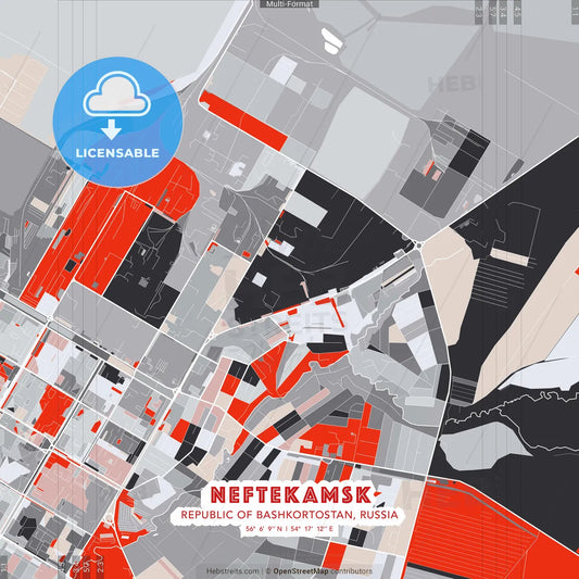 Neftekamsk, Republic of Bashkortostan, Russia - modern street map poster template with gray and red tones