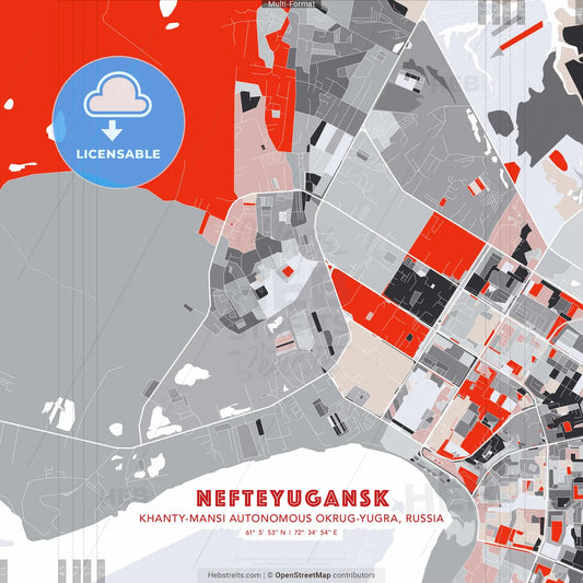 Nefteyugansk, Khanty-Mansi Autonomous Okrug-Yugra, Russia - modern street map poster template with gray and red tones