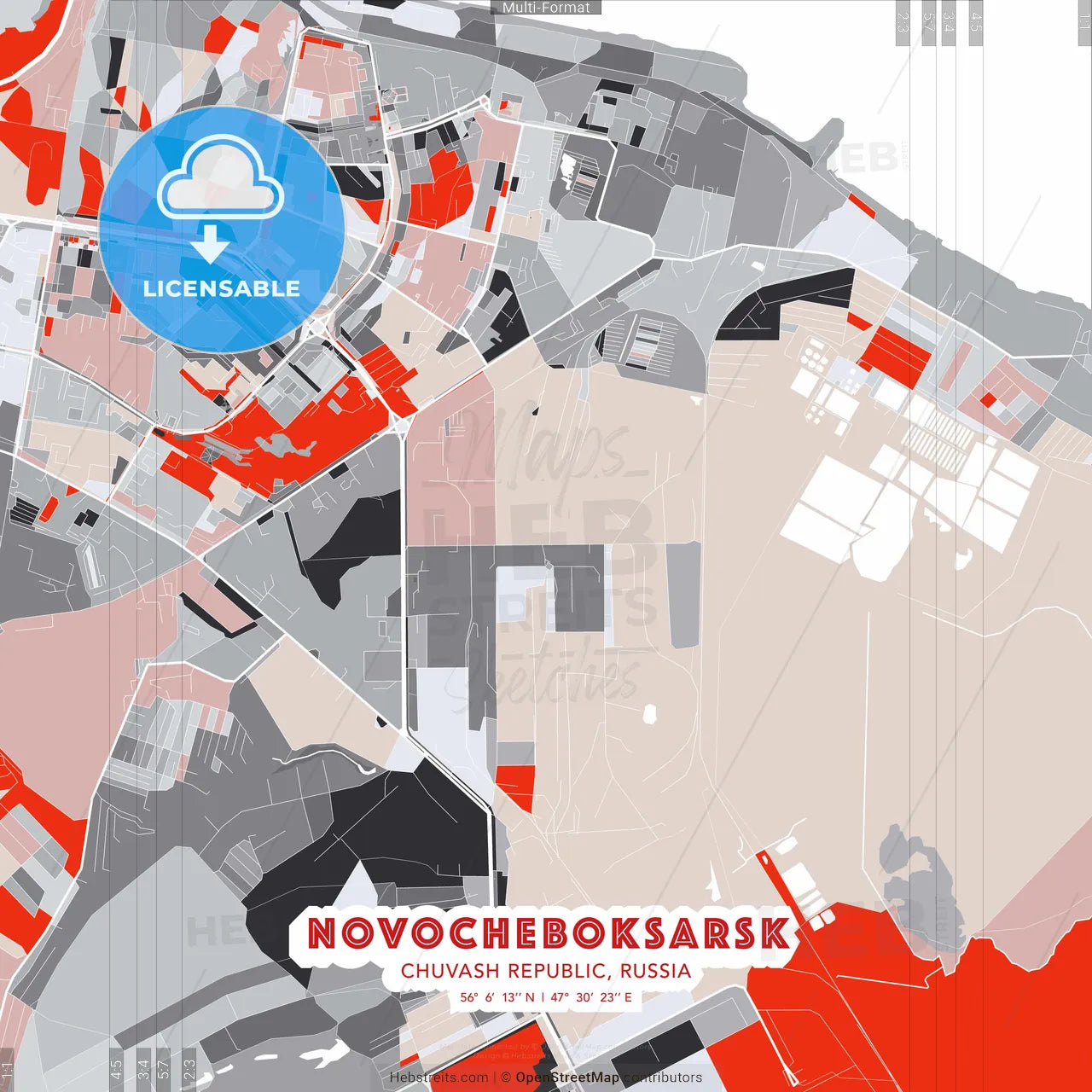 Novocheboksarsk, Chuvash Republic, Russia - modern street map poster template with gray and red tones