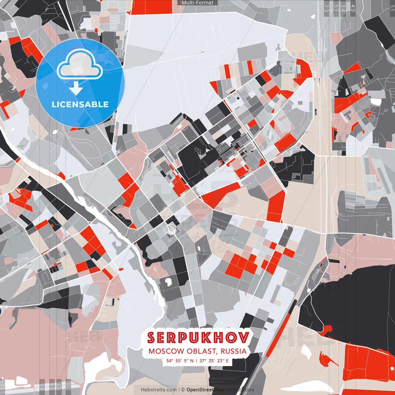 Serpukhov, Moscow Oblast, Russia - modern street map poster template with gray and red tones