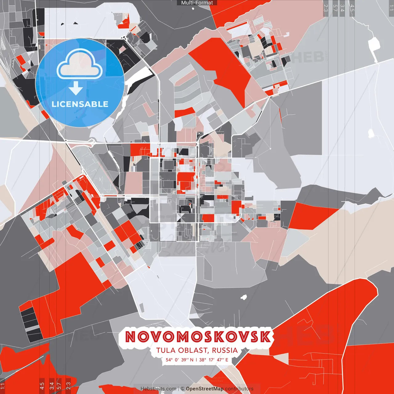 Novomoskovsk, Tula Oblast, Russia - modern street map poster template with gray and red tones