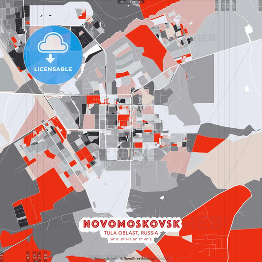 Novomoskovsk, Tula Oblast, Russia - modern street map poster template with gray and red tones