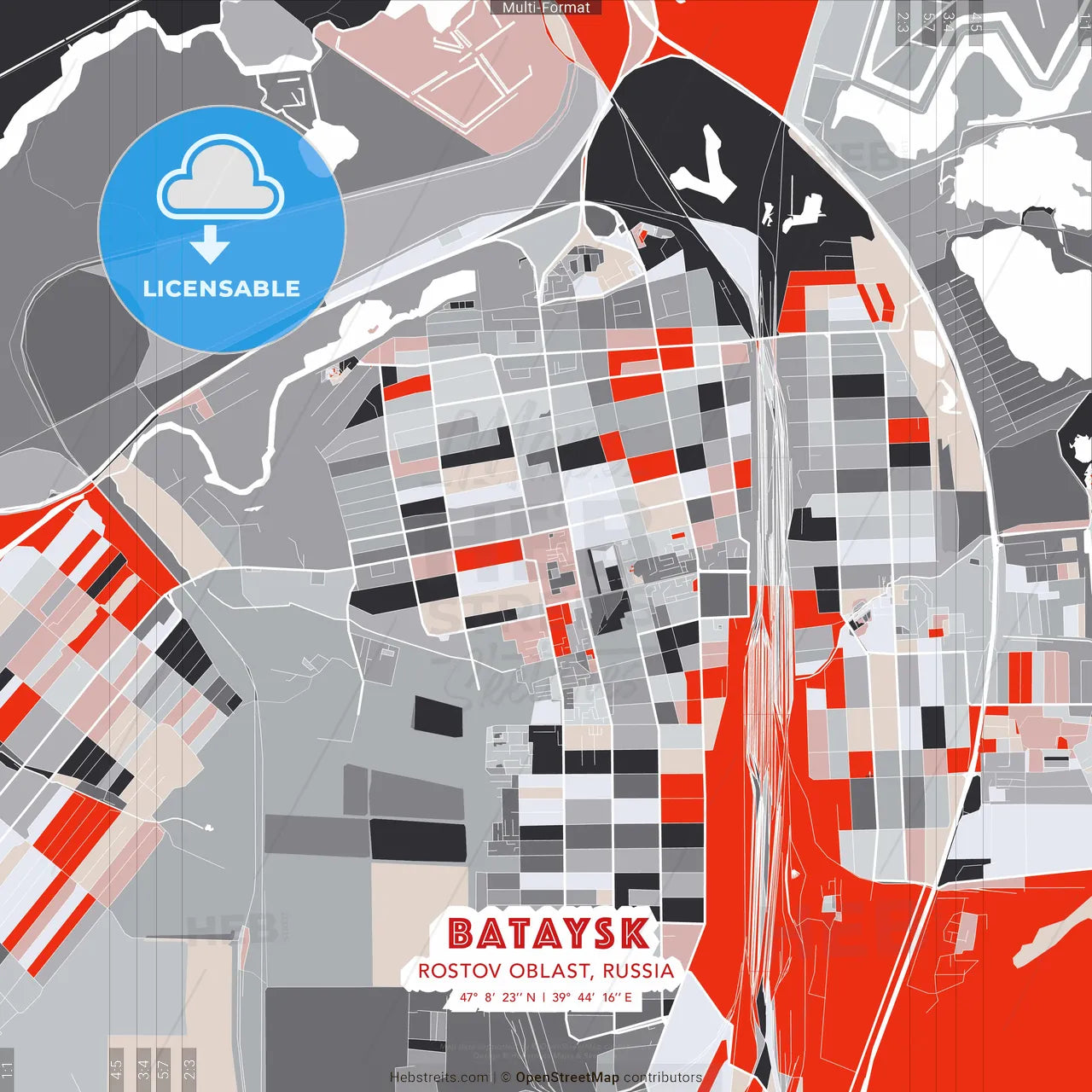 Bataysk, Rostov Oblast, Russia - modern street map poster template with gray and red tones