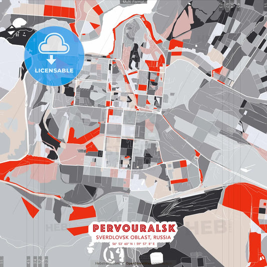 Pervouralsk, Sverdlovsk Oblast, Russia - modern street map poster template with gray and red tones