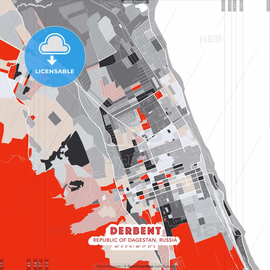 Derbent, Republic of Dagestan, Russia - modern street map poster template with gray and red tones