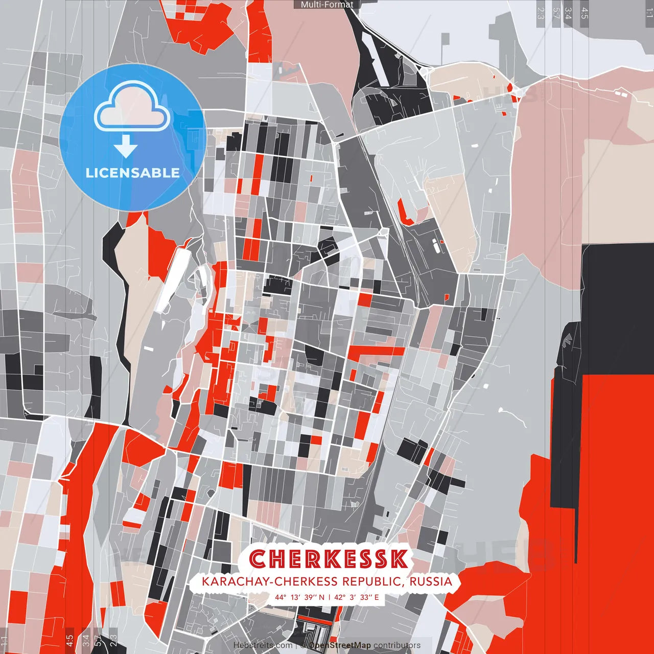 Cherkessk, Karachay-Cherkess Republic, Russia - modern street map poster template with gray and red tones