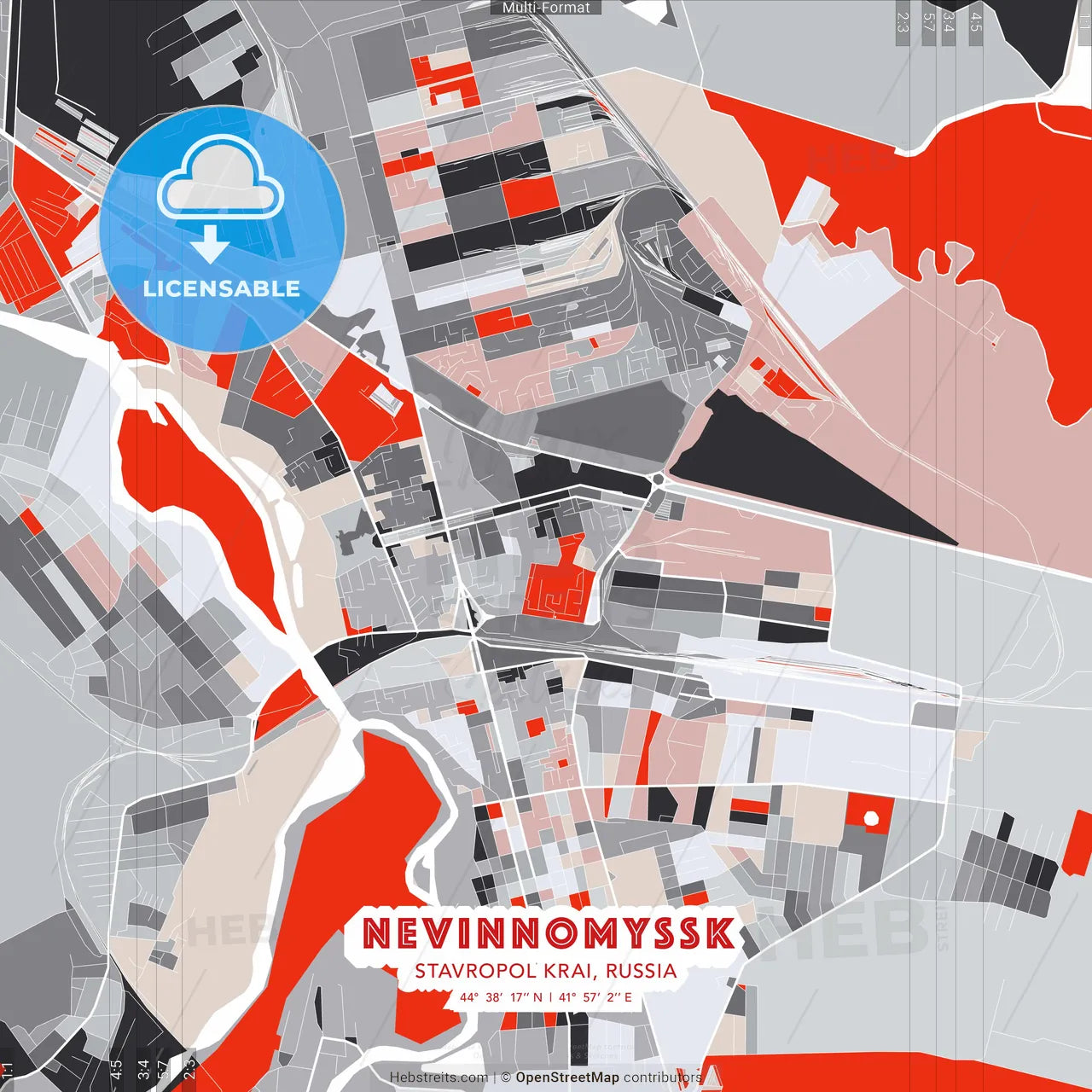 Nevinnomyssk, Stavropol Krai, Russia - modern street map poster template with gray and red tones