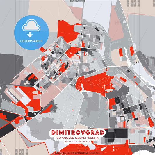 Dimitrovgrad, Ulyanovsk Oblast, Russia - modern street map poster template with gray and red tones