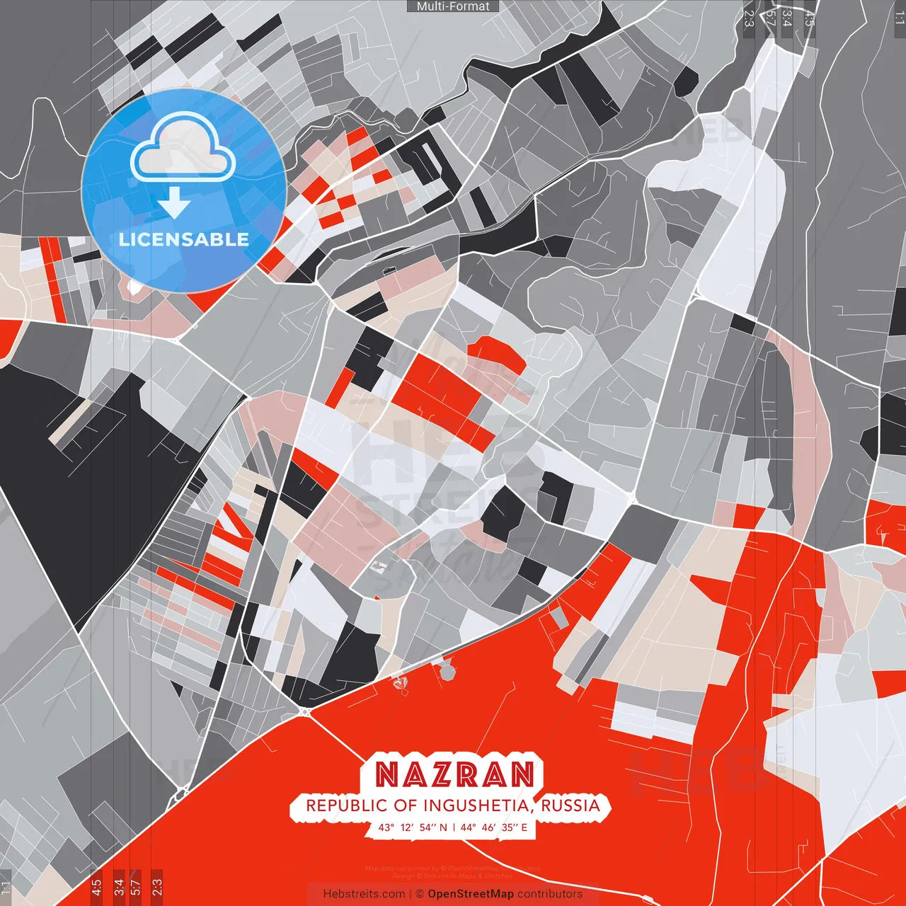 Nazran, Republic of Ingushetia, Russia - modern street map poster template with gray and red tones