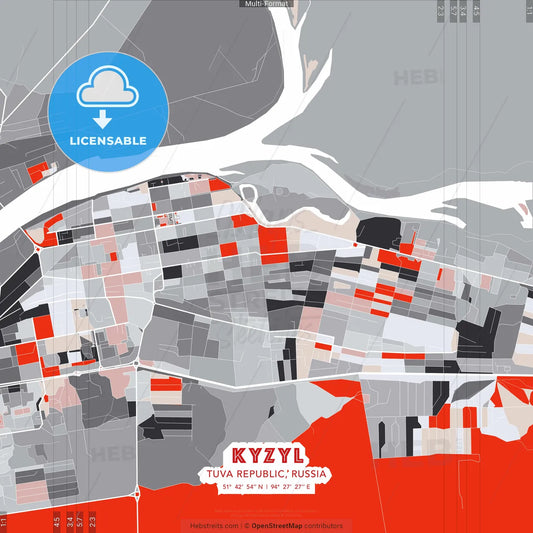 Kyzyl, Tuva Republic, Russia - modern street map poster template with gray and red tones