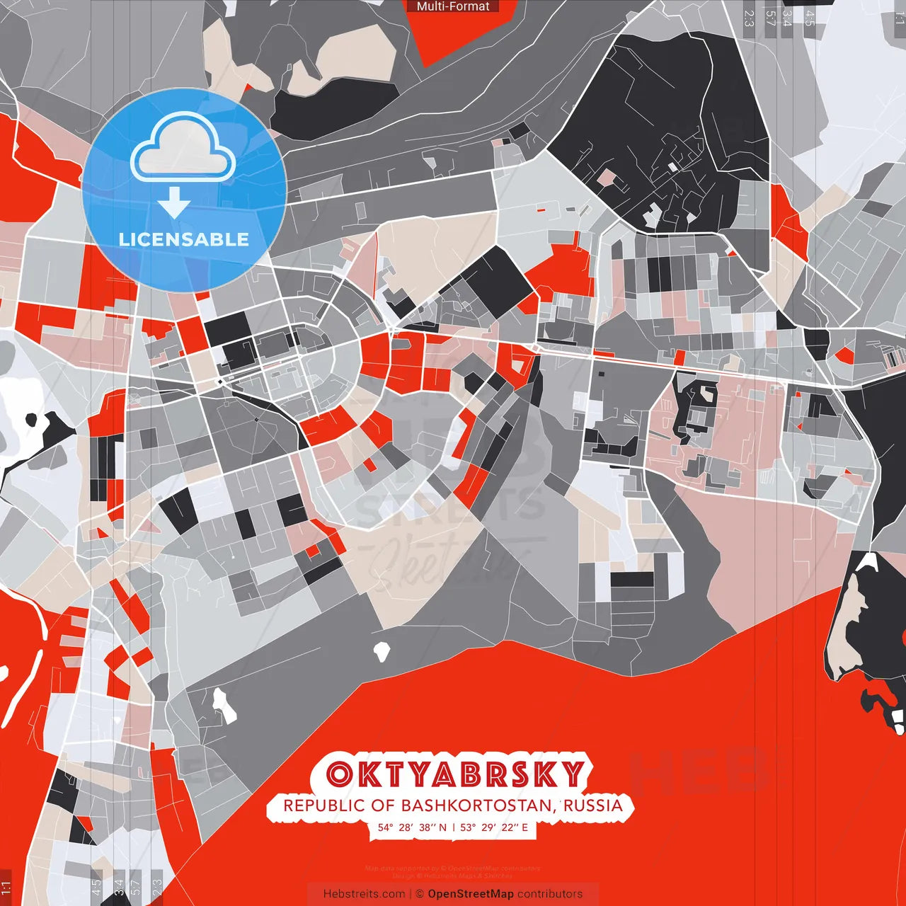 Oktyabrsky, Republic of Bashkortostan, Russia - modern street map poster template with gray and red tones