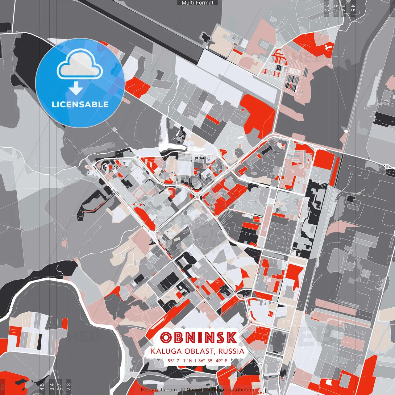 Obninsk, Kaluga Oblast, Russia - modern street map poster template with gray and red tones