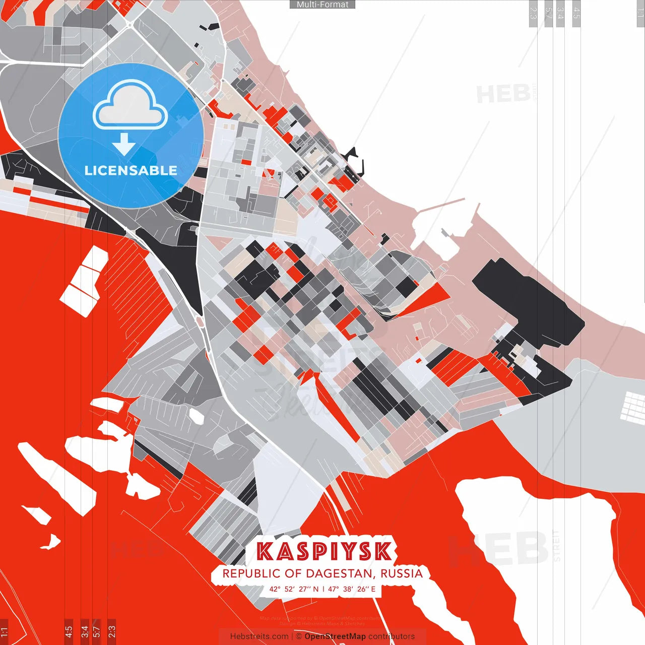 Kaspiysk, Republic of Dagestan, Russia - modern street map poster template with gray and red tones