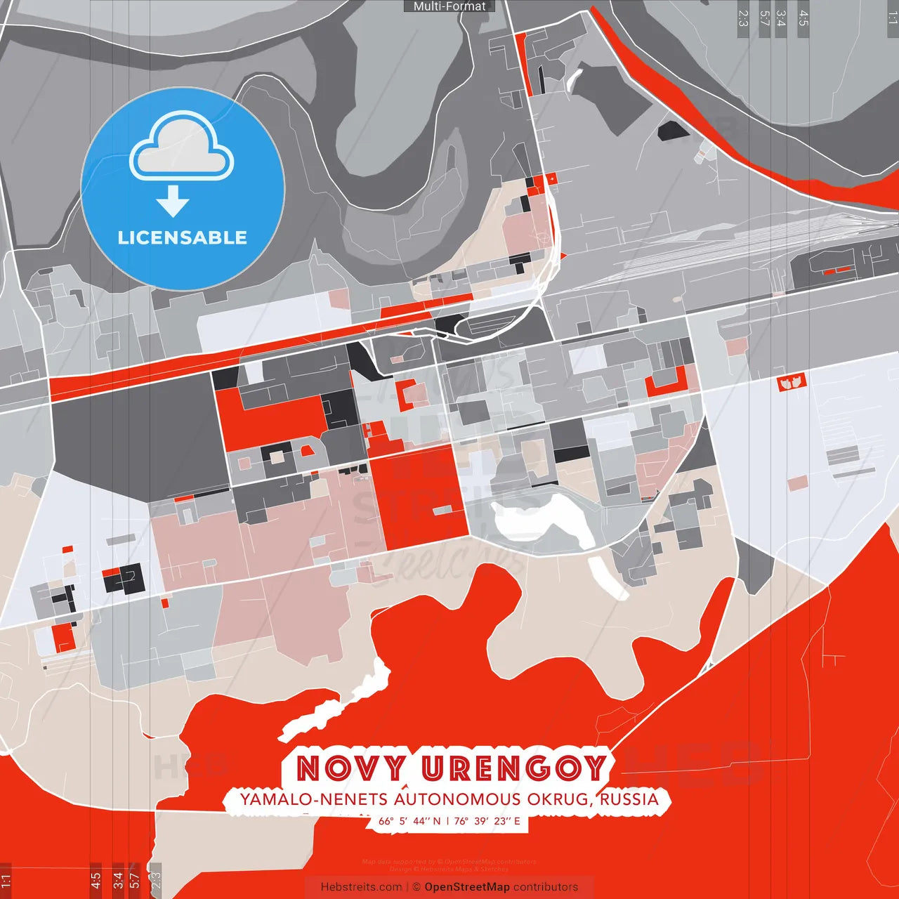 Novy Urengoy, Yamalo-Nenets Autonomous Okrug, Russia - modern street map poster template with gray and red tones