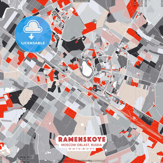 Ramenskoye, Moscow Oblast, Russia - modern street map poster template with gray and red tones