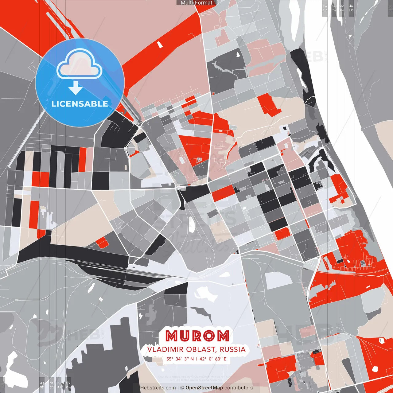 Murom, Vladimir Oblast, Russia - modern street map poster template with gray and red tones