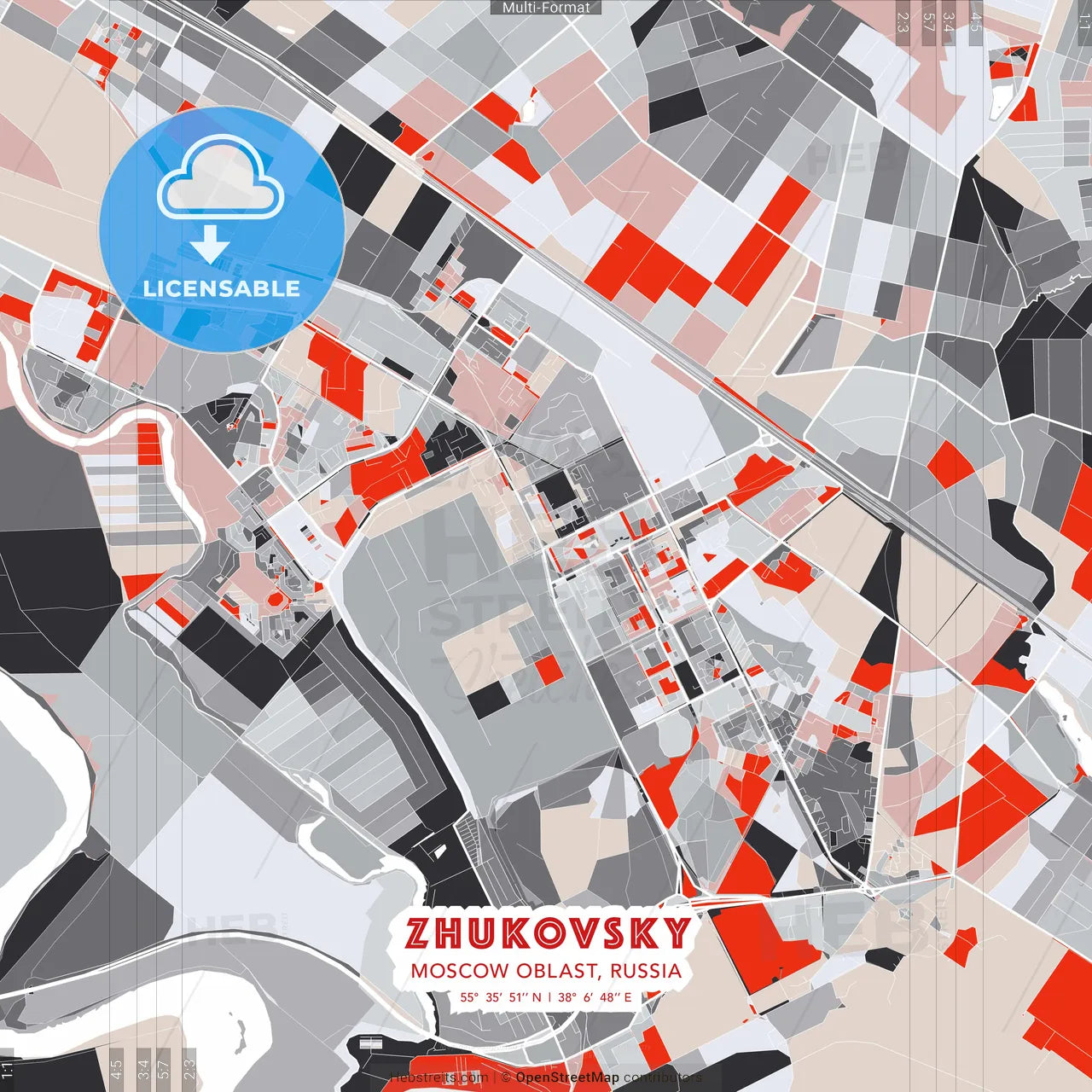 Zhukovsky, Moscow Oblast, Russia - modern street map poster template with gray and red tones
