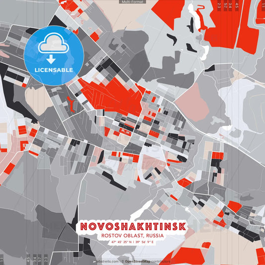 Novoshakhtinsk, Rostov Oblast, Russia - modern street map poster template with gray and red tones
