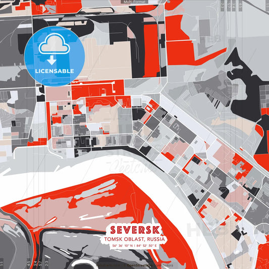 Seversk, Tomsk Oblast, Russia - modern street map poster template with gray and red tones