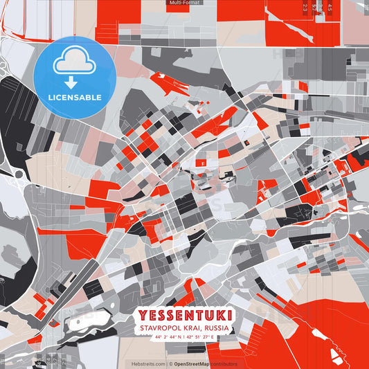 Yessentuki, Stavropol Krai, Russia - modern street map poster template with gray and red tones