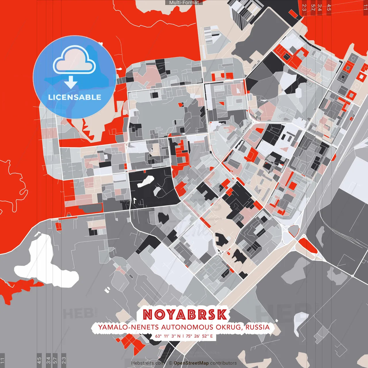 Noyabrsk, Yamalo-Nenets Autonomous Okrug, Russia - modern street map poster template with gray and red tones