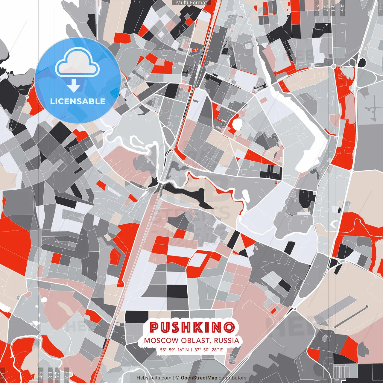 Pushkino, Moscow Oblast, Russia - modern street map poster template with gray and red tones