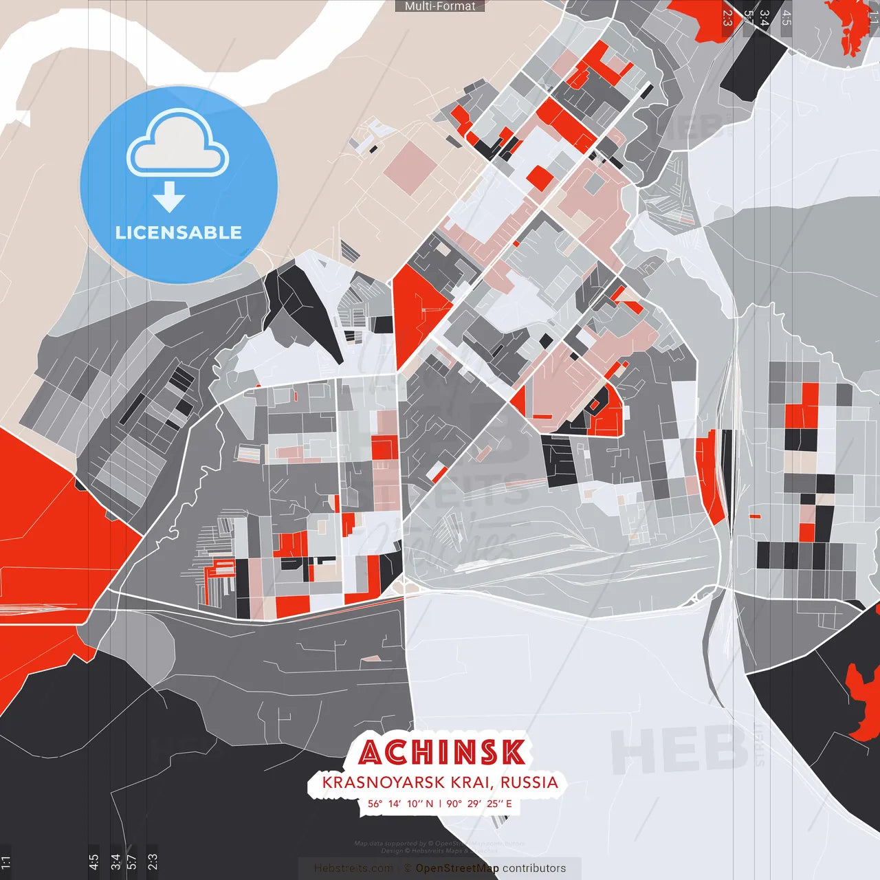 Achinsk, Krasnoyarsk Krai, Russia - modern street map poster template with gray and red tones