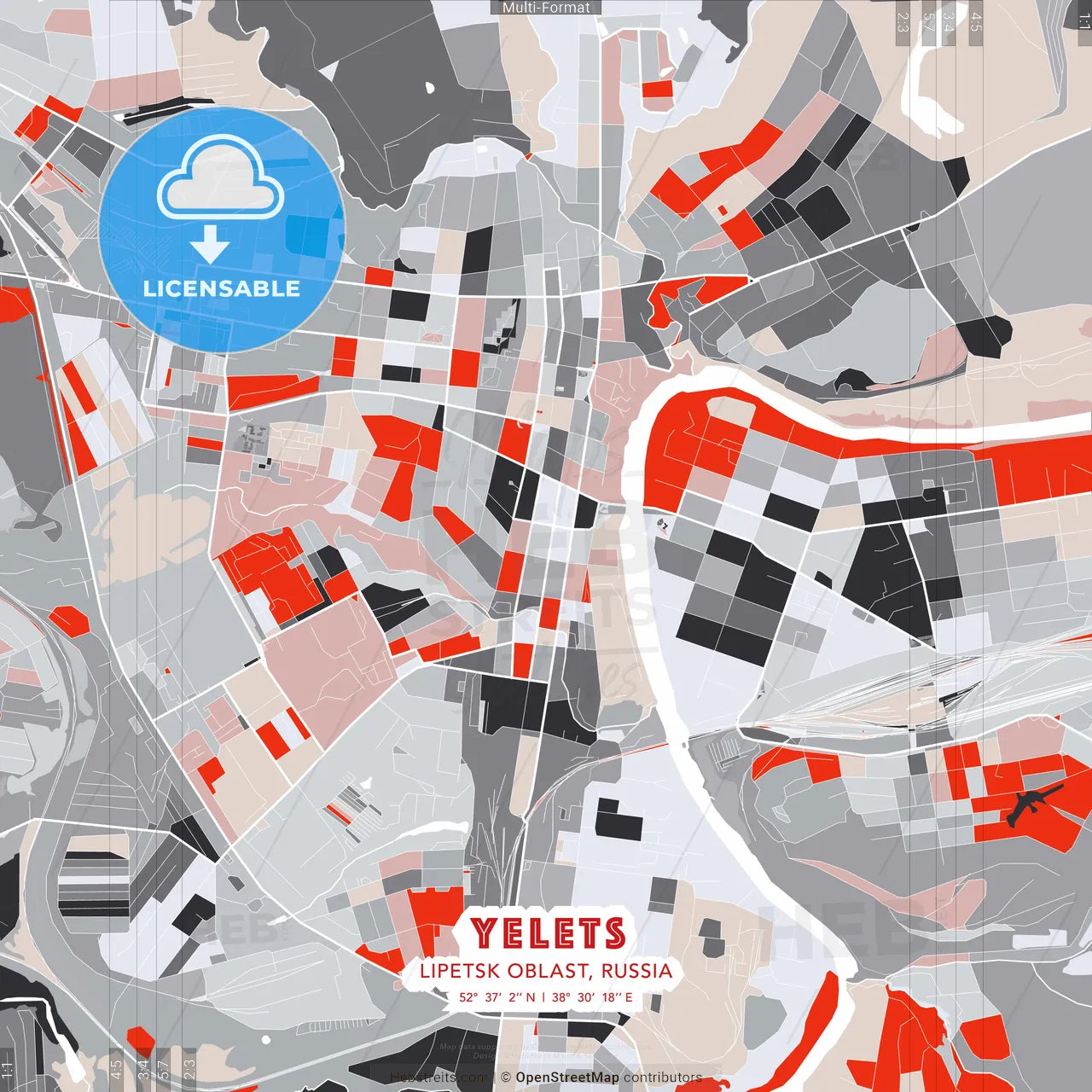 Yelets, Lipetsk Oblast, Russia - modern street map poster template with gray and red tones
