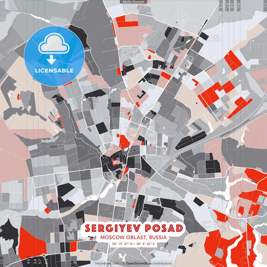 Sergiyev Posad, Moscow Oblast, Russia - modern street map poster template with gray and red tones