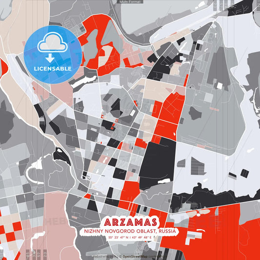 Arzamas, Nizhny Novgorod Oblast, Russia - modern street map poster template with gray and red tones