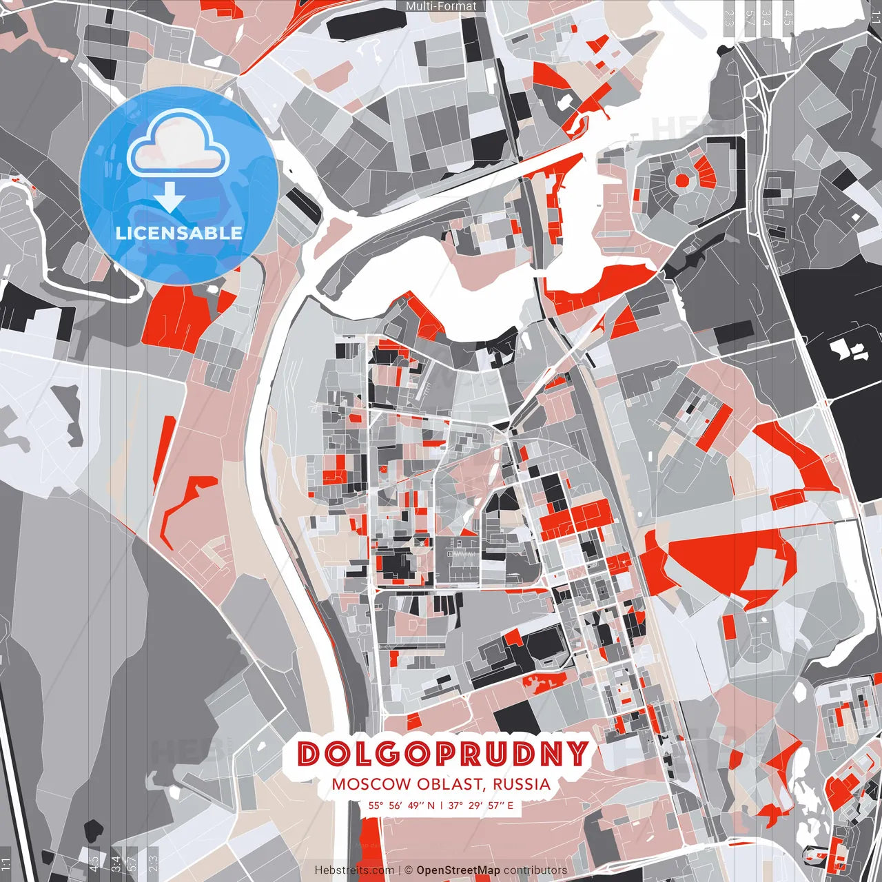 Dolgoprudny, Moscow Oblast, Russia - modern street map poster template with gray and red tones