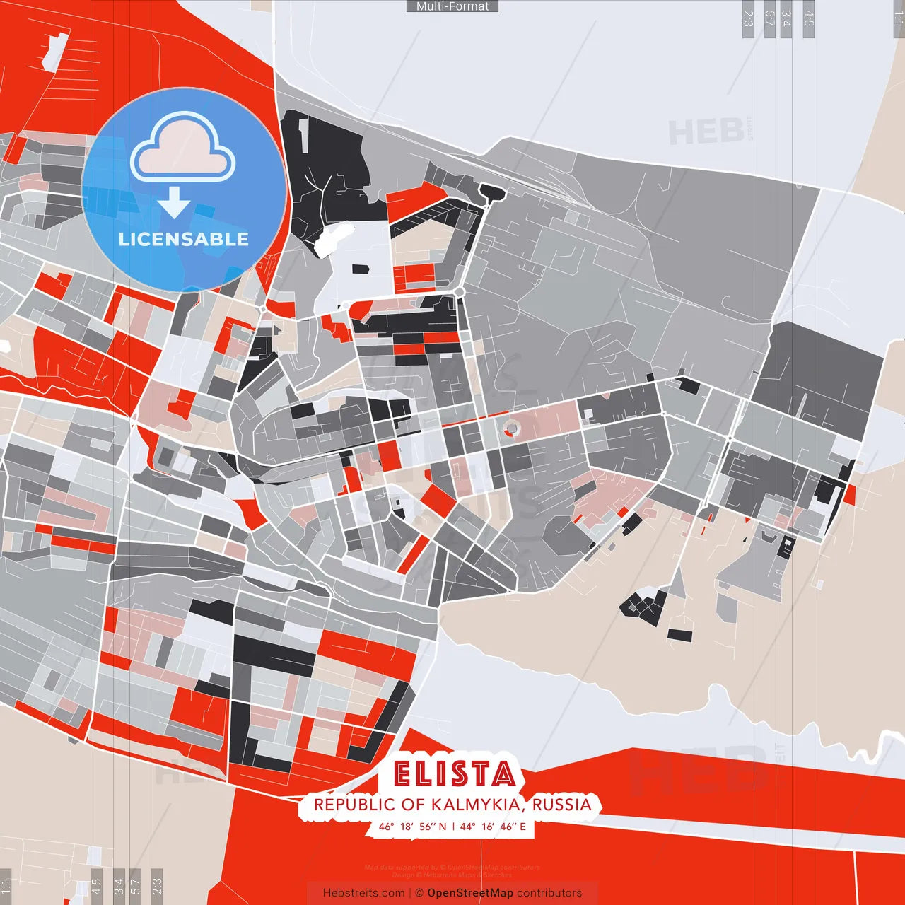 Elista, Republic of Kalmykia, Russia - modern street map poster template with gray and red tones