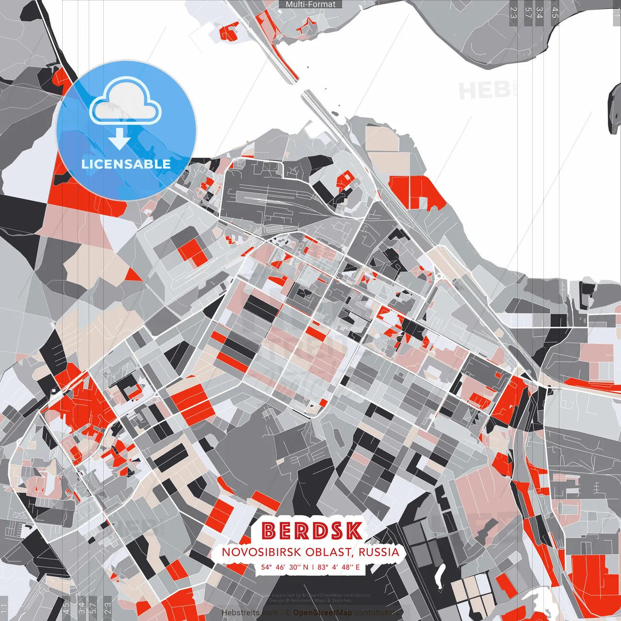 Berdsk, Novosibirsk Oblast, Russia - modern street map poster template with gray and red tones