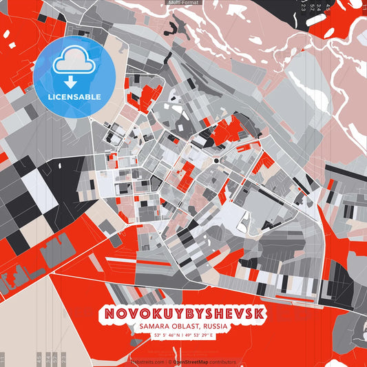 Novokuybyshevsk, Samara Oblast, Russia - modern street map poster template with gray and red tones