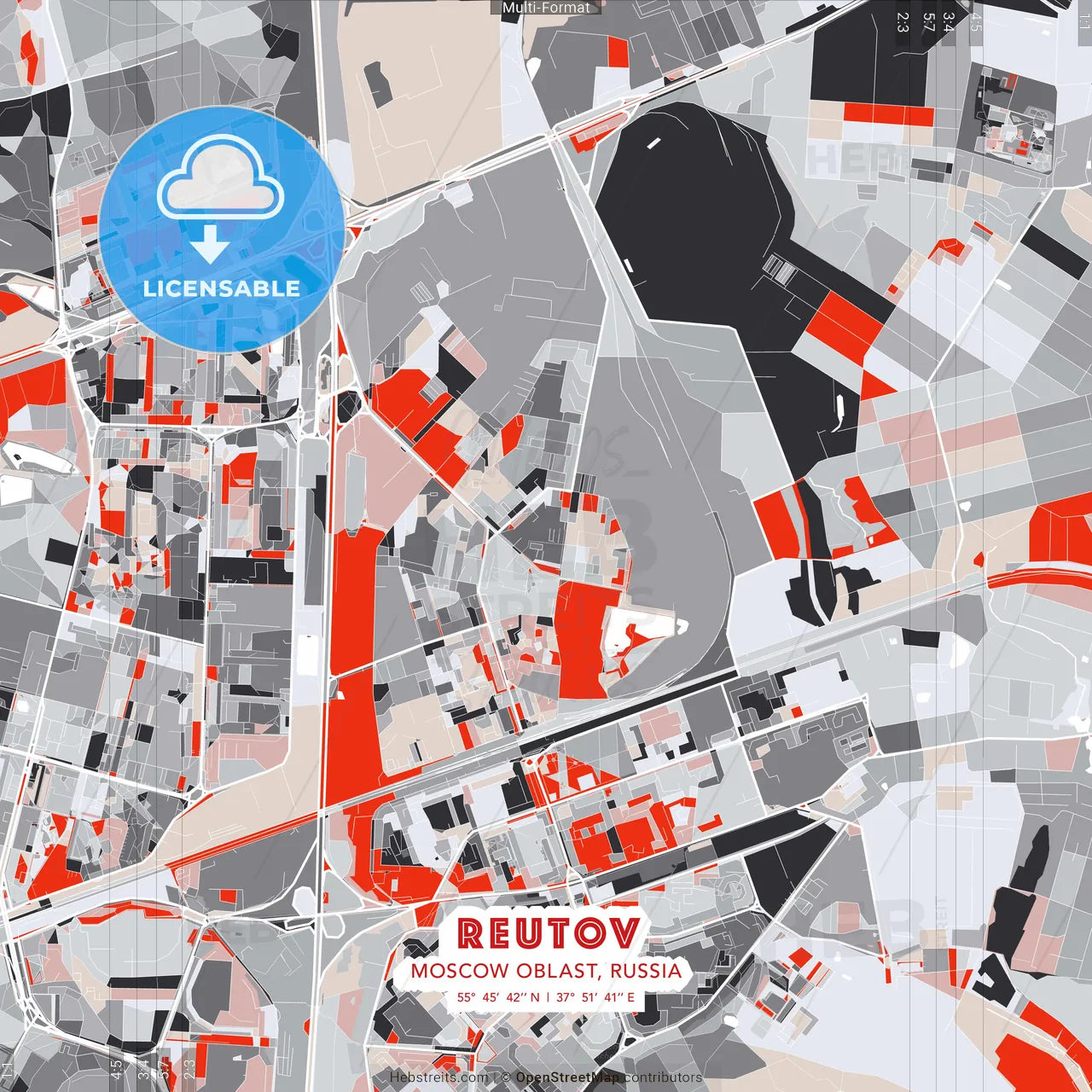 Reutov, Moscow Oblast, Russia - modern street map poster template with gray and red tones