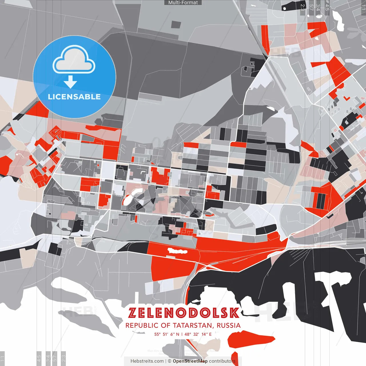 Zelenodolsk, Republic of Tatarstan, Russia - modern street map poster template with gray and red tones