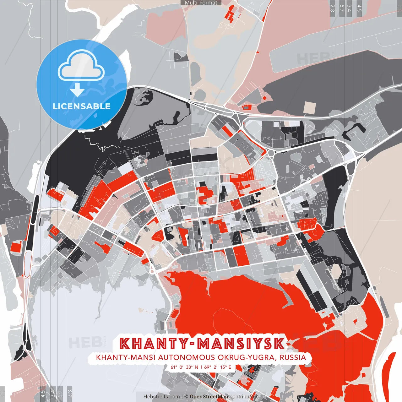Khanty-Mansiysk, Khanty-Mansi Autonomous Okrug-Yugra, Russia - modern street map poster template with gray and red tones