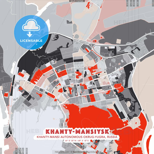 Khanty-Mansiysk, Khanty-Mansi Autonomous Okrug-Yugra, Russia - modern street map poster template with gray and red tones